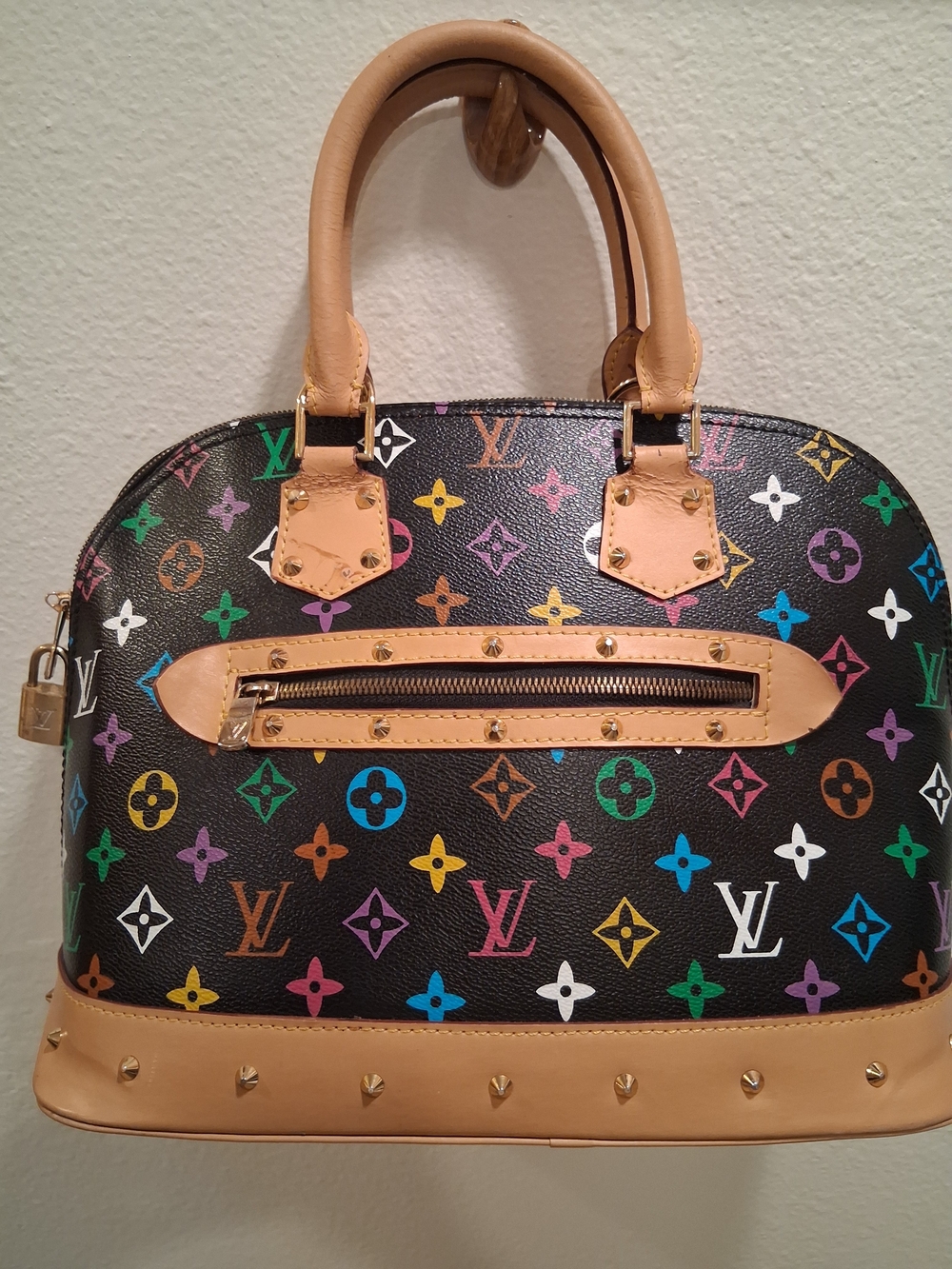 Louis Vuitton Black Multicolor Monogram Alma Satchel with Natural Leather Trim